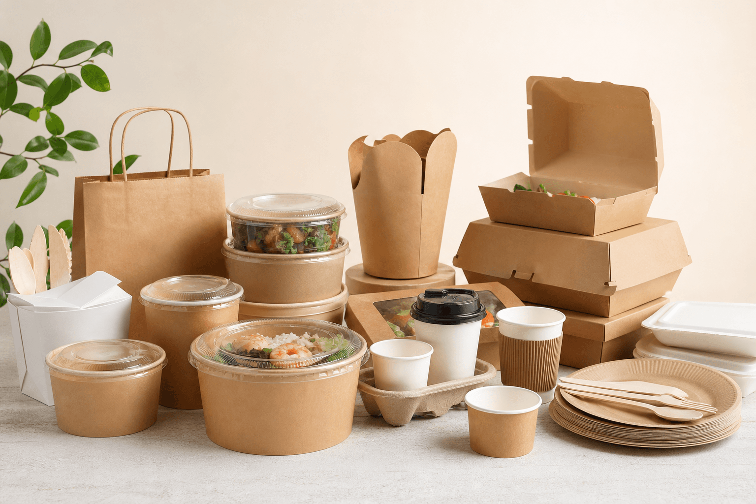 Foodservice packaging range with paper cups, containers, bags, trays, and takeaway packs