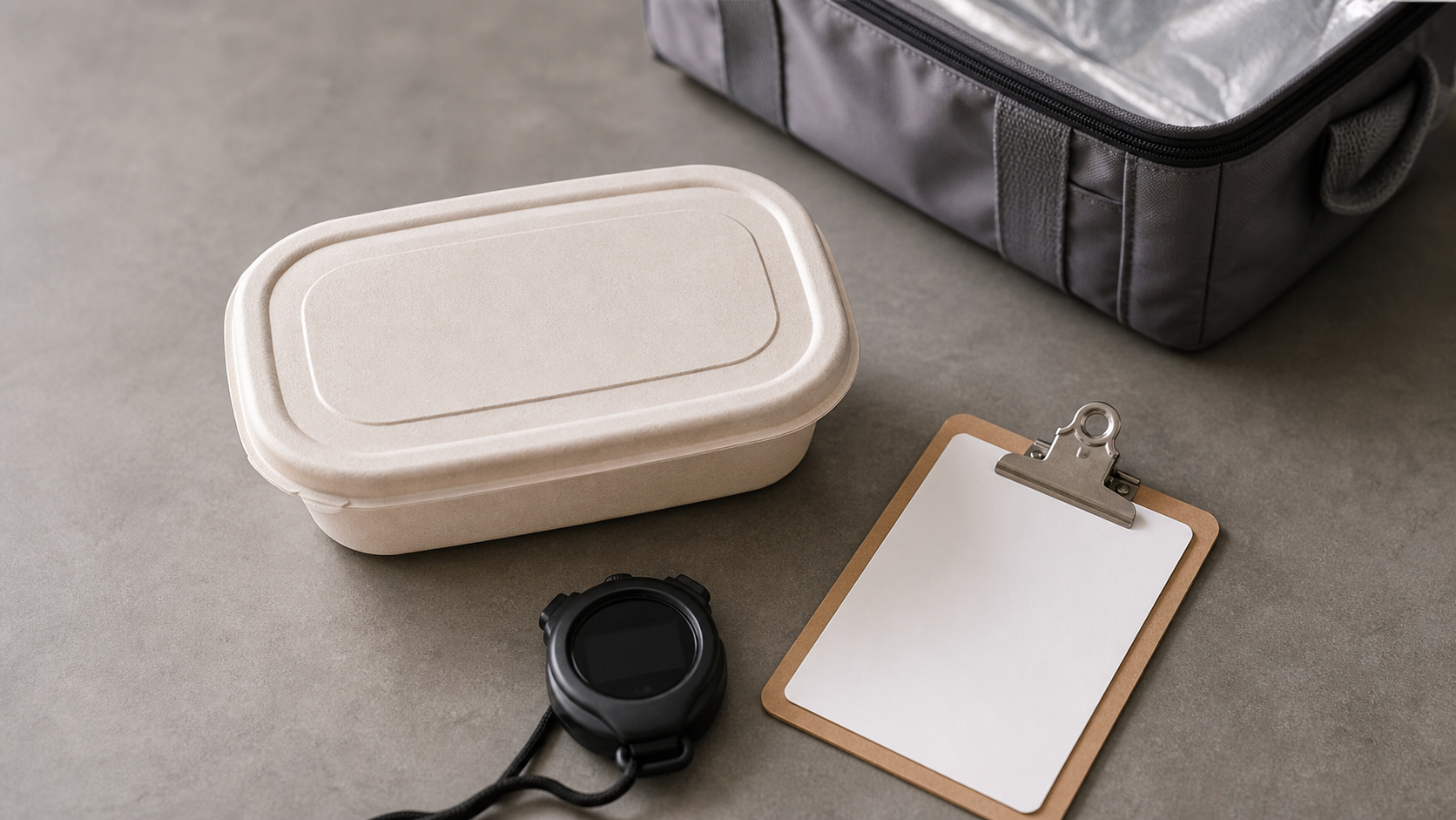 Closed rectangular takeaway container beside a stopwatch, blank clipboard, and insulated delivery bag