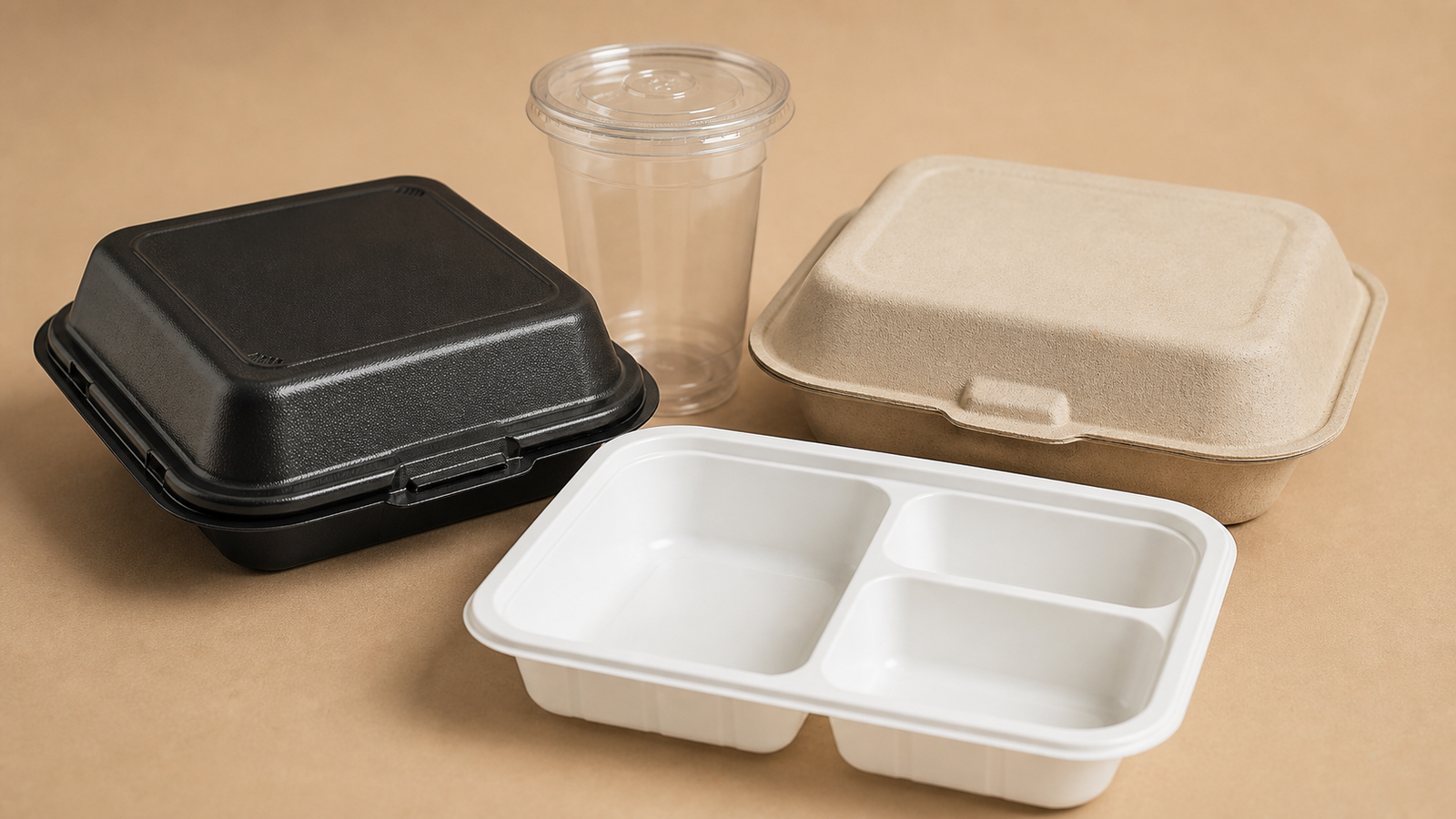 Hot meals in multiple takeaway packaging formats selected for different foods and delivery journeys