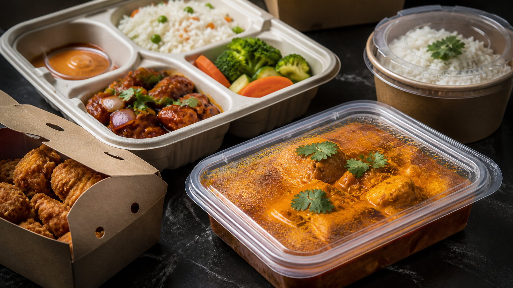 Takeaway containers selected for secure delivery of hot, oily, and liquid foods