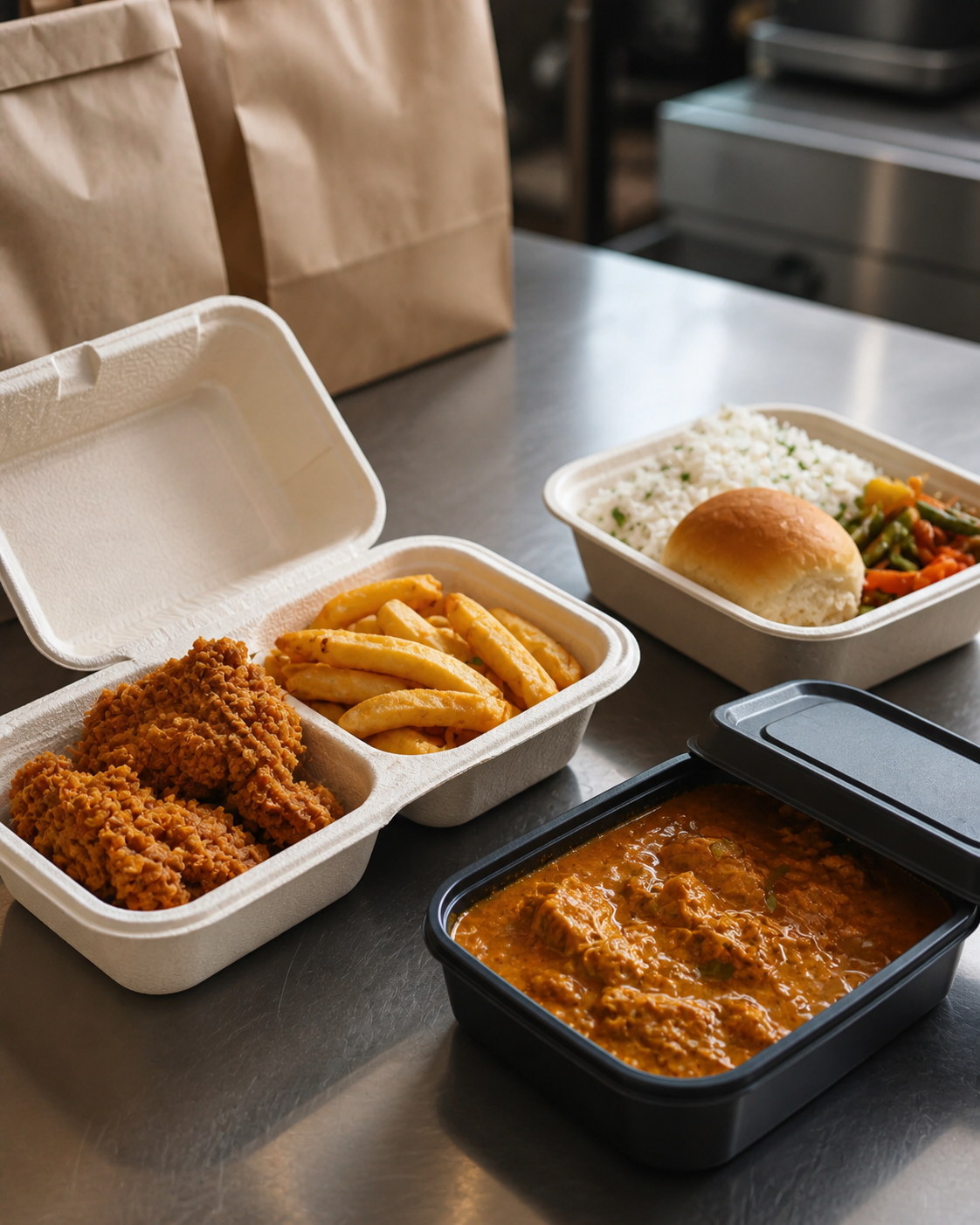 Three-container takeaway system for wet, dry, and delivery-bag applications