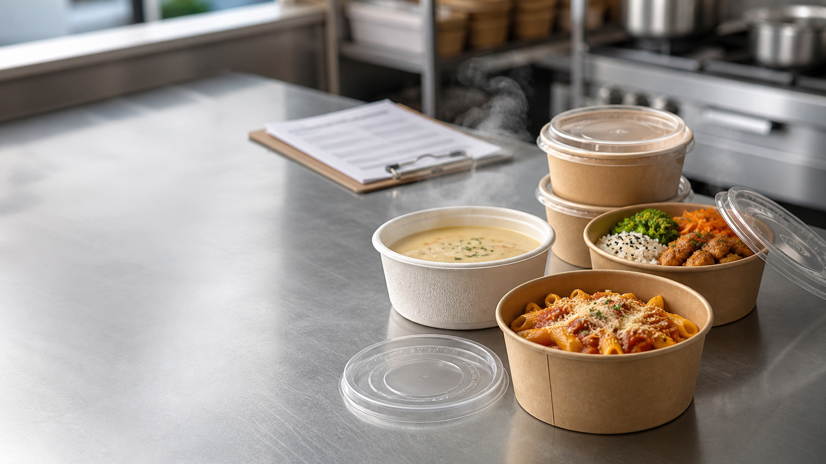 Hot food takeaway bowls and clear lids on a commercial kitchen worktop