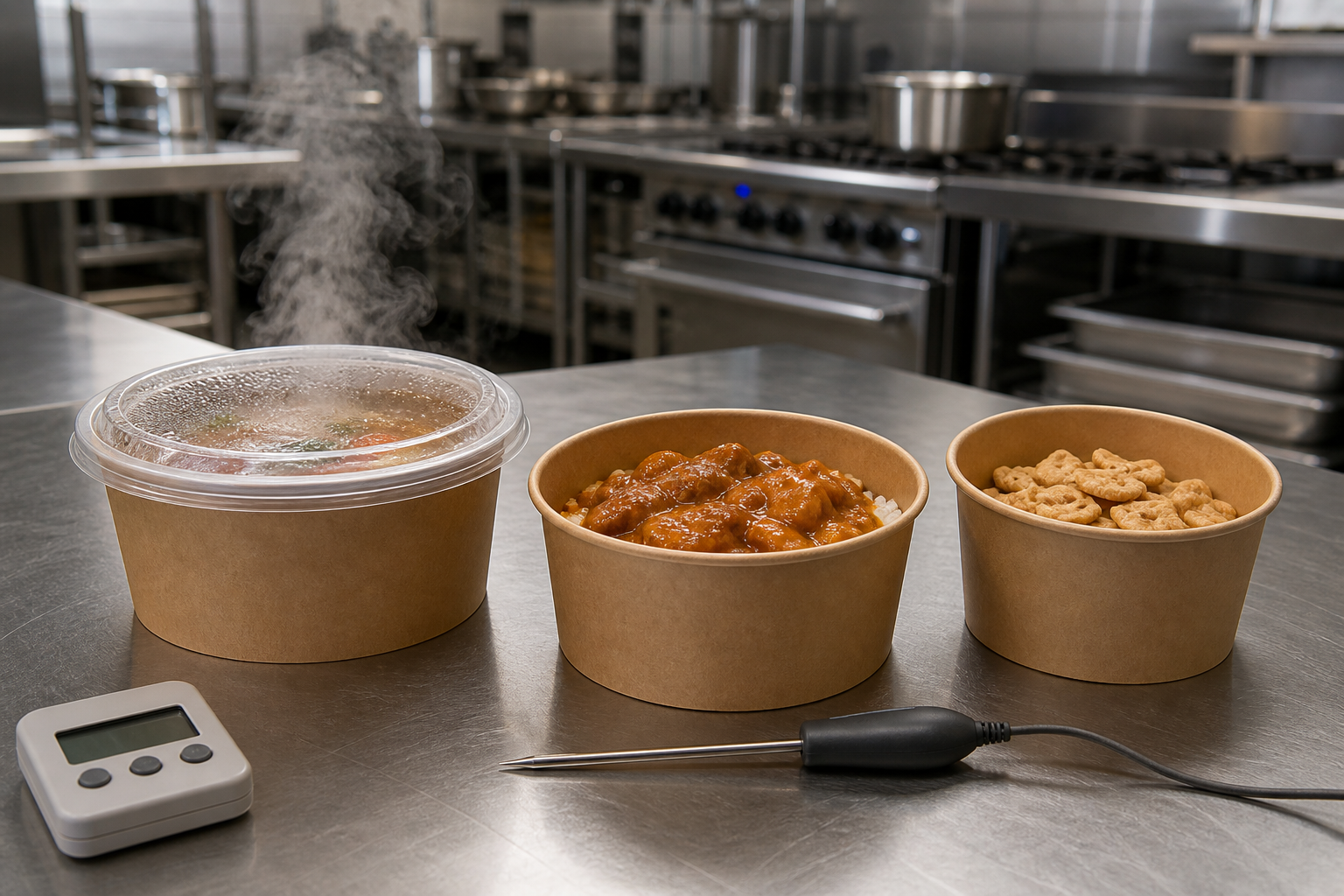 Hot food bowl and lid undergoing use-condition review in a test kitchen