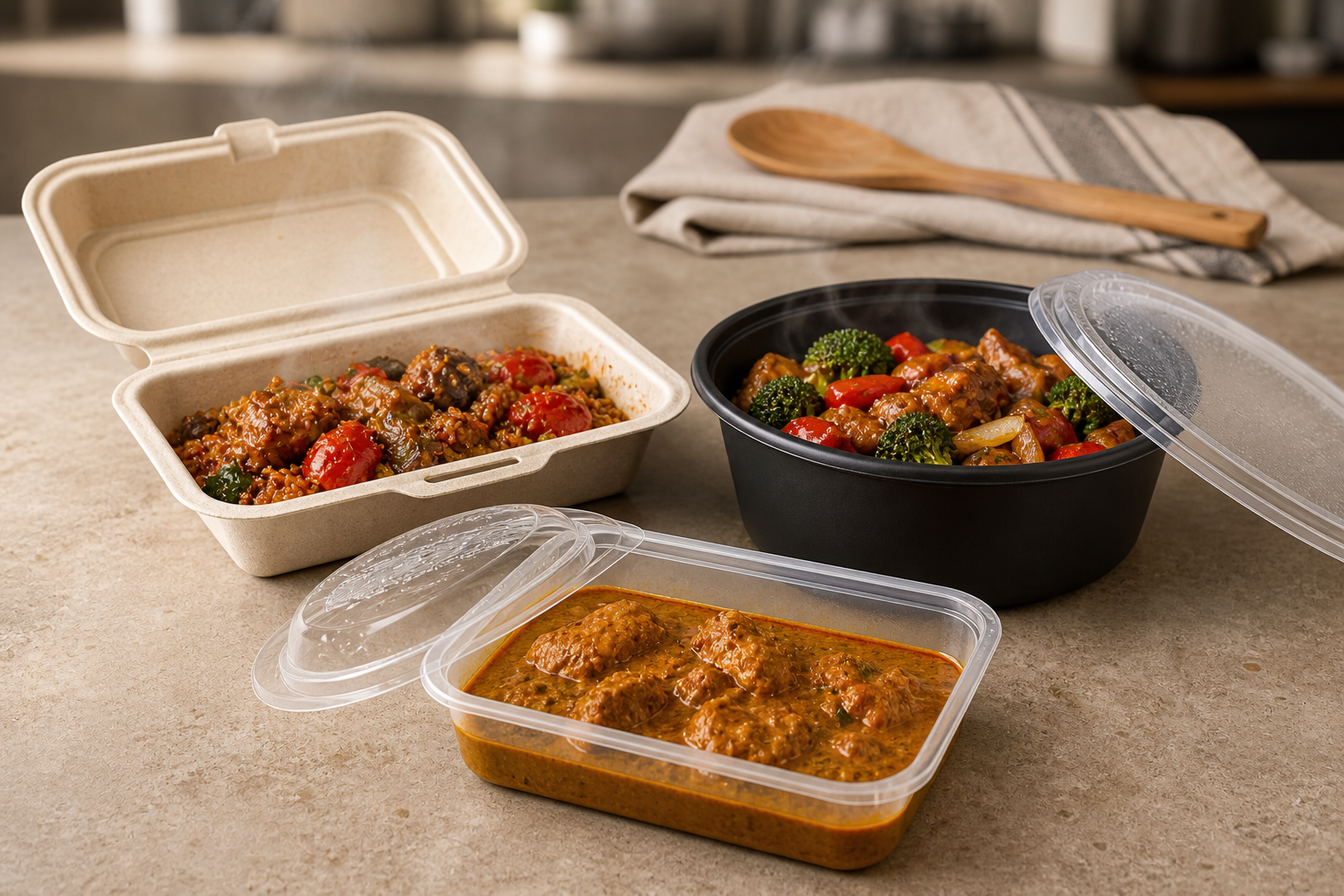 Assortment of takeaway containers holding hot, oily, and sauce-heavy meals with matching lids