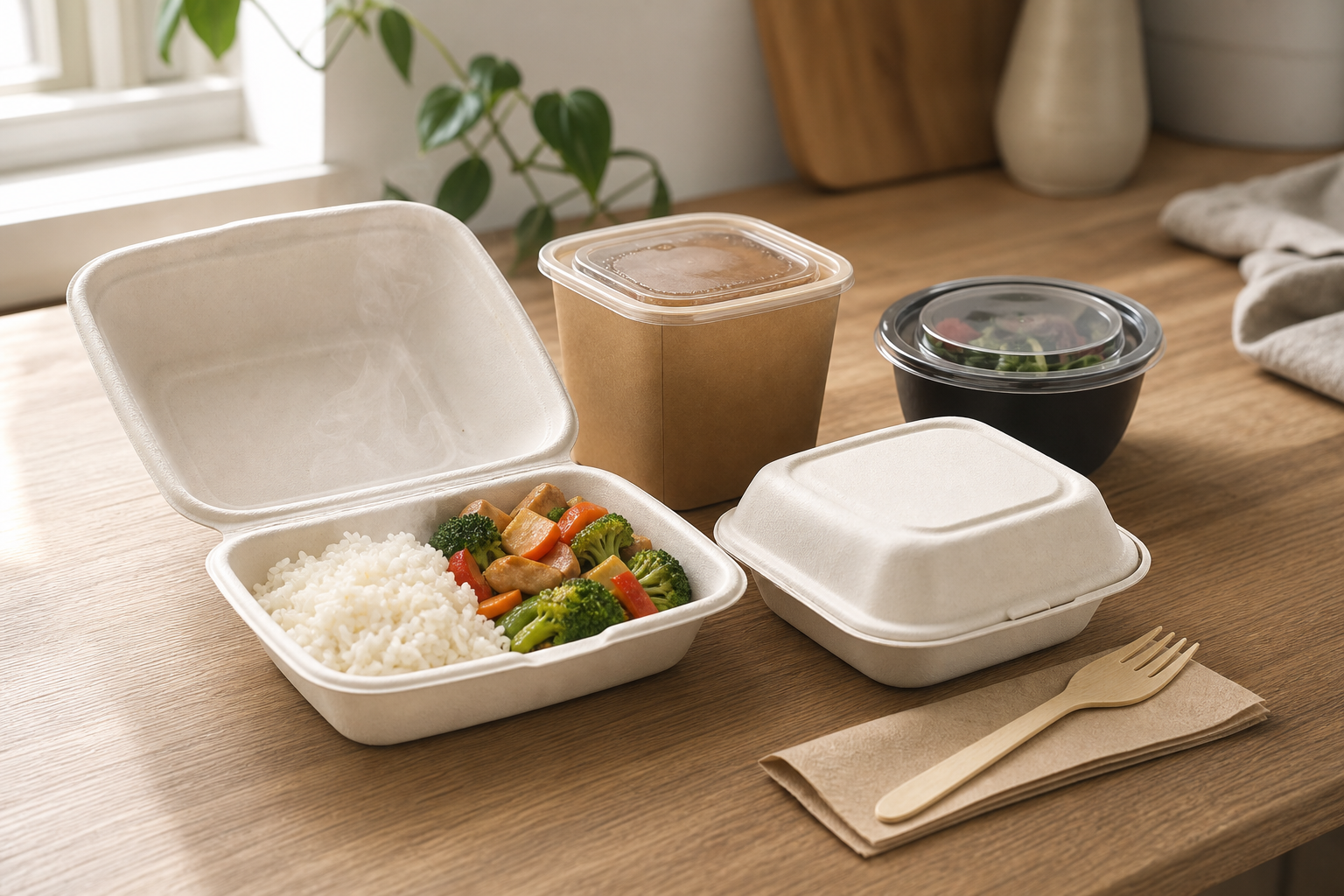 Molded-fiber clamshells, kraft paper containers, and a black bowl arranged for hot-food takeaway