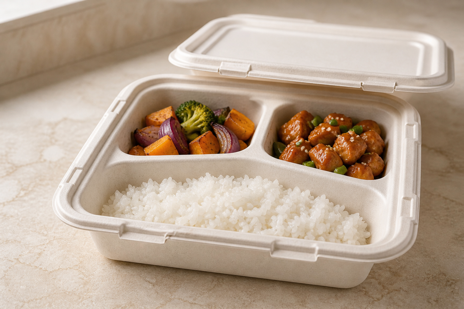 Three-compartment molded-fiber container filled with rice, roasted vegetables, and sauced food