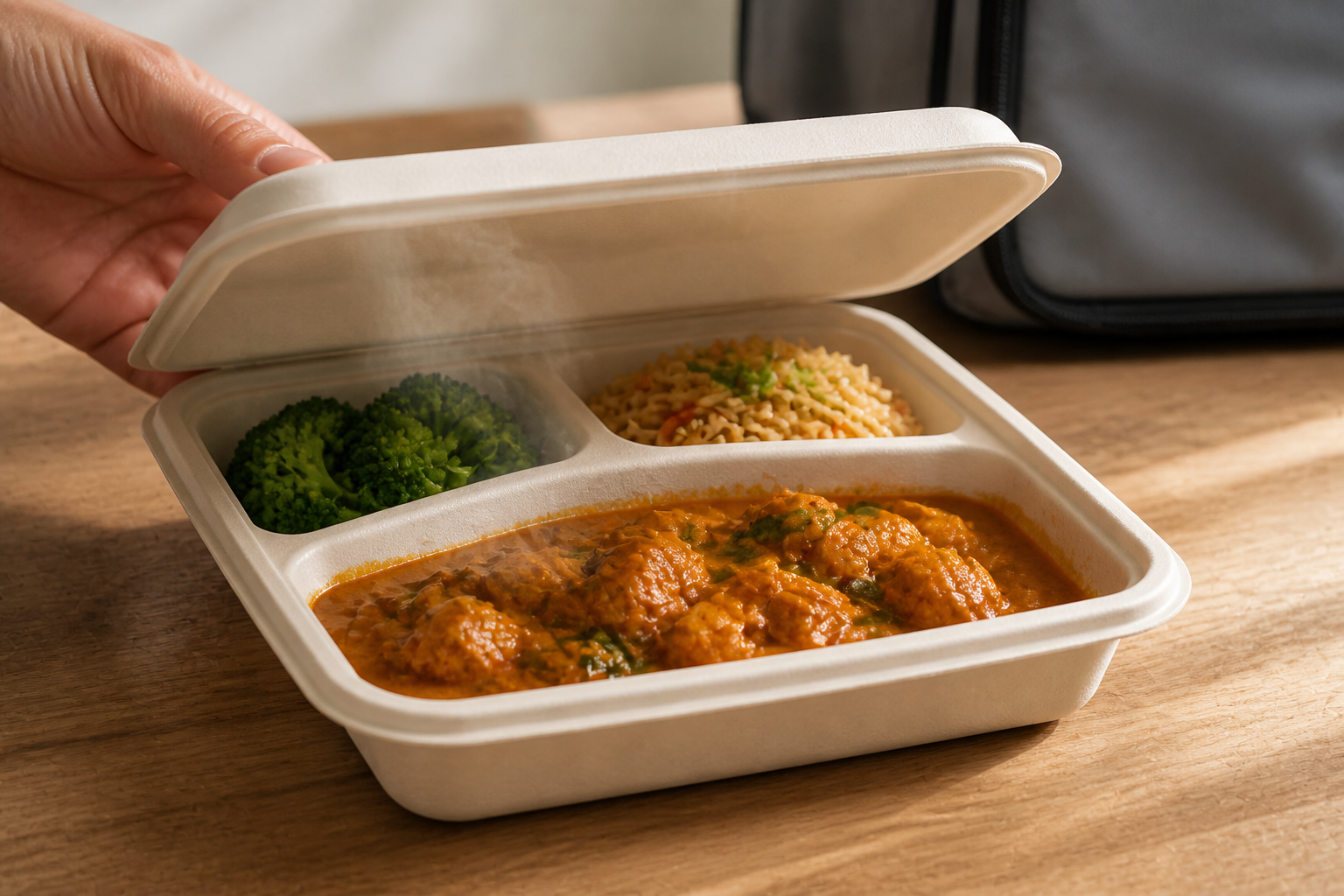 Open divided molded-fiber container holding steaming curry, rice, and vegetables