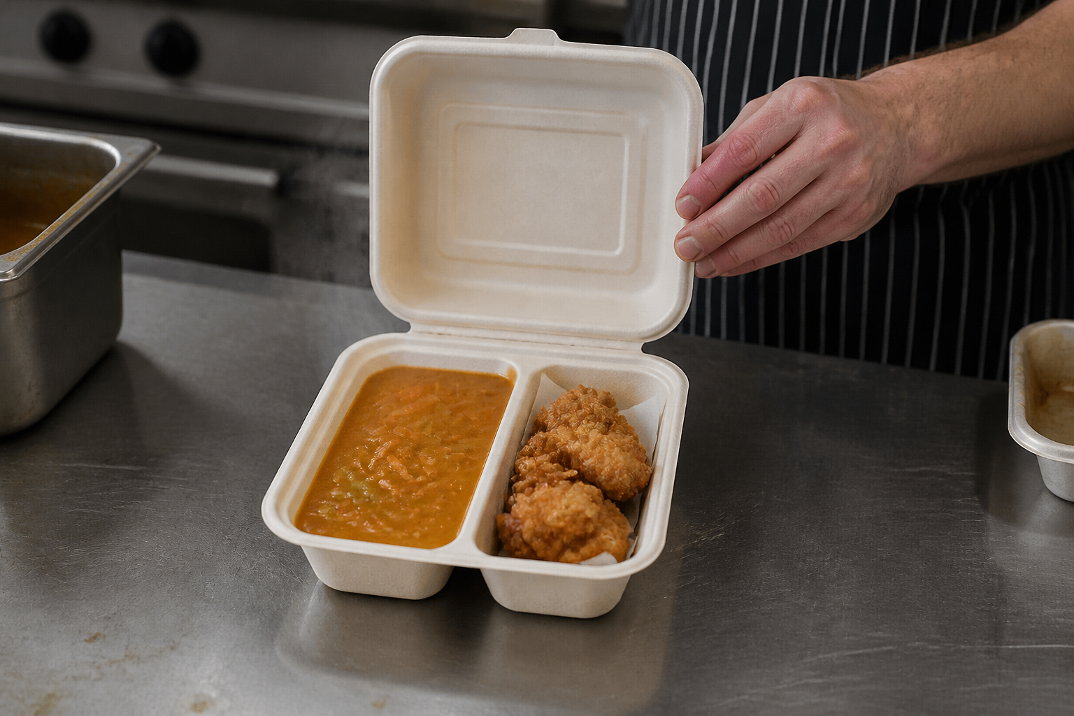 Kitchen worker holding an open divided fiber container with hot soup and fried food