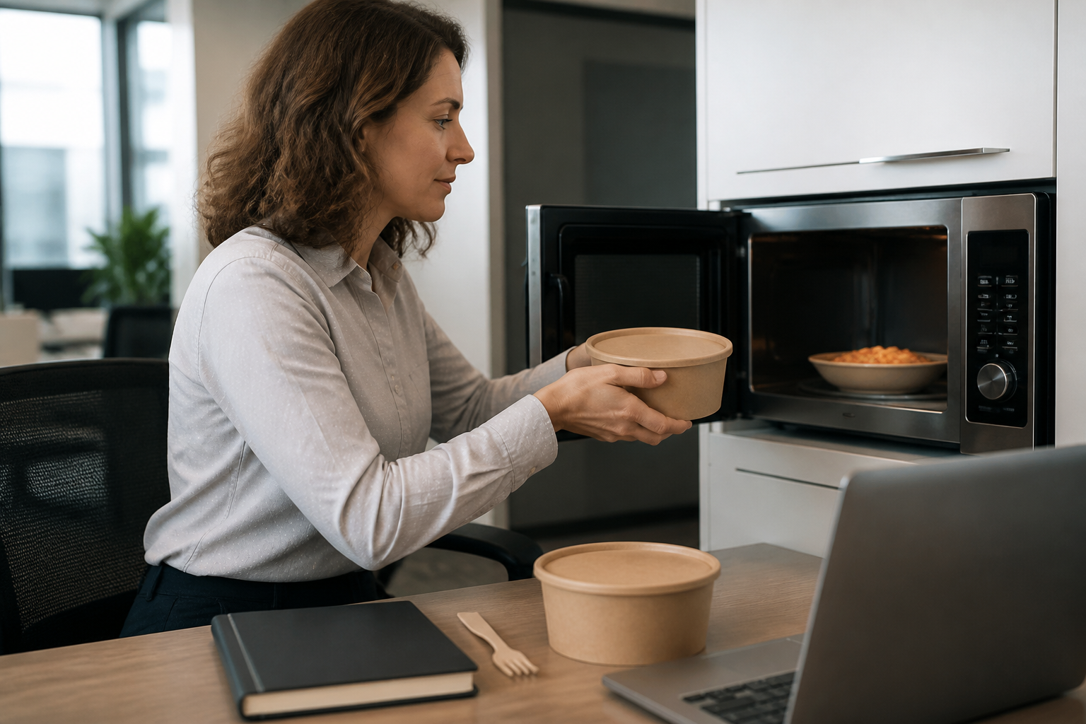 Office worker preparing to reheat a lidded kraft paper bowl in a microwave
