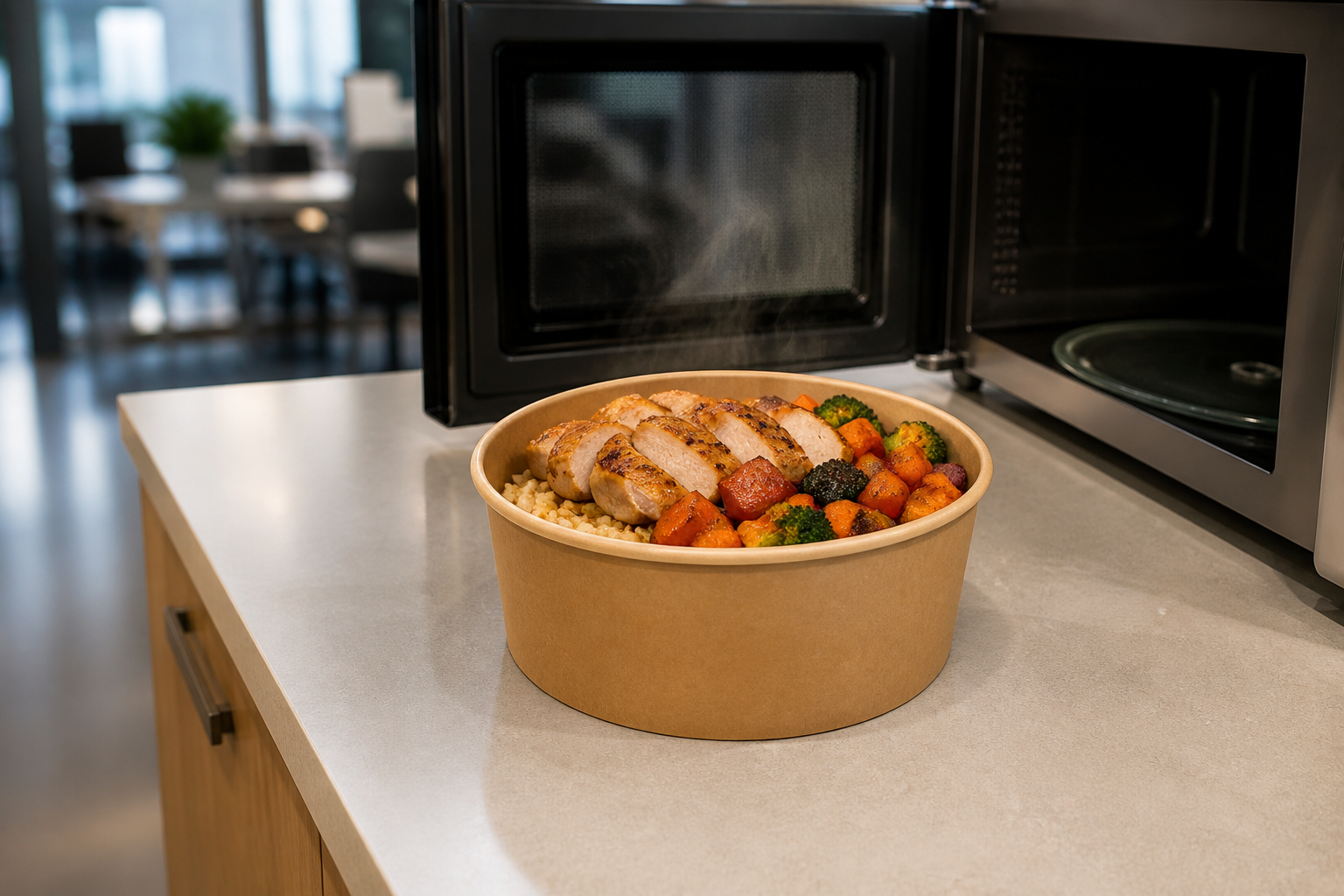 Steaming chicken and vegetable meal in an open kraft paper bowl beside a microwave