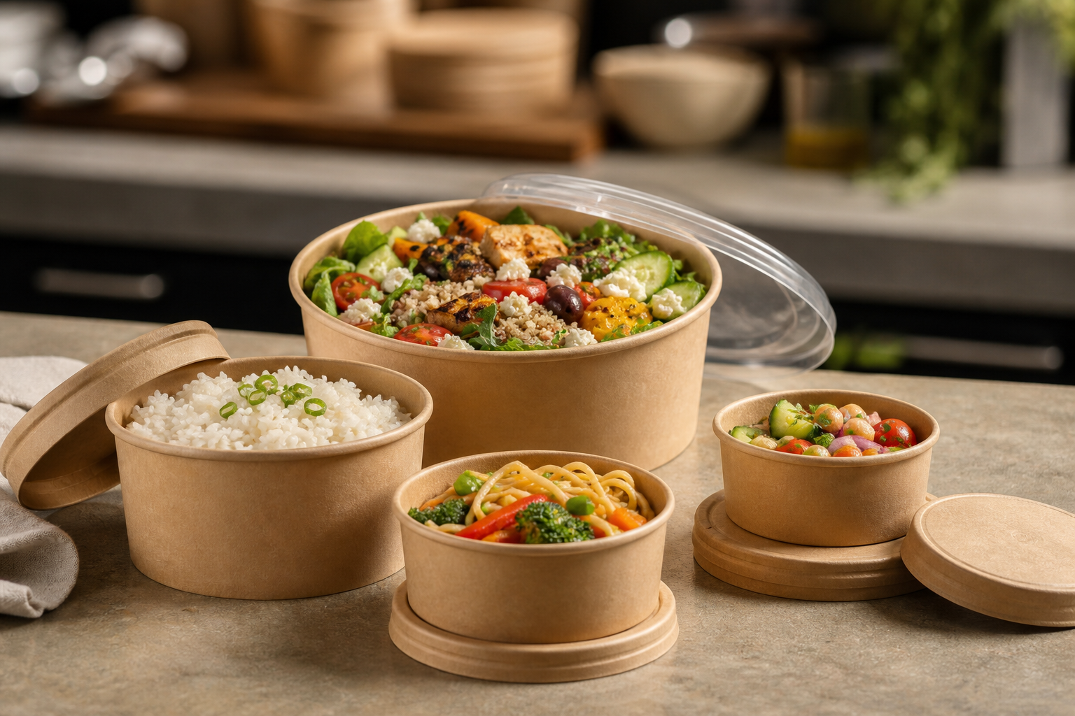 Kraft paper bowls in multiple sizes with paper and clear lid options