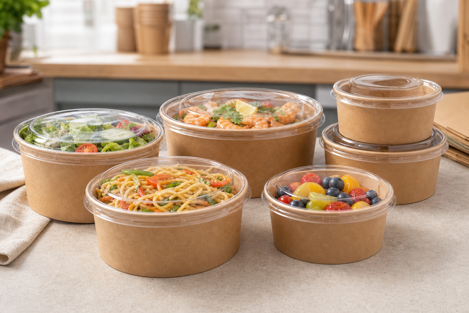 Stackable kraft paper bowls filled with food and closed with clear plastic lids