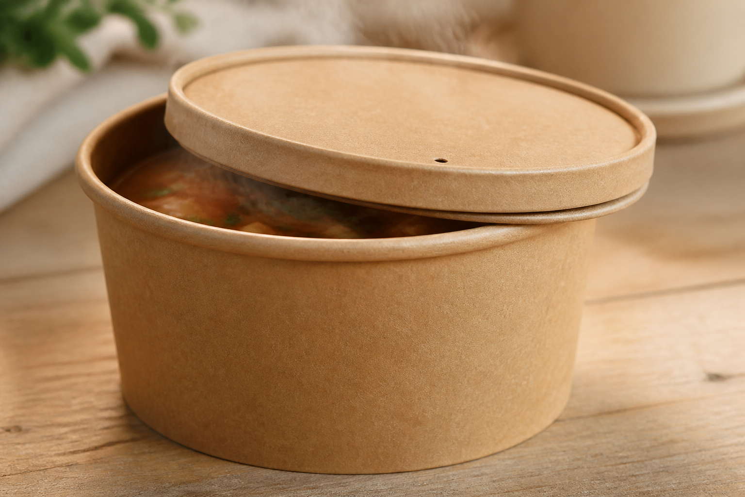 Hot soup in a kraft paper bowl with a vented paper lid partly open