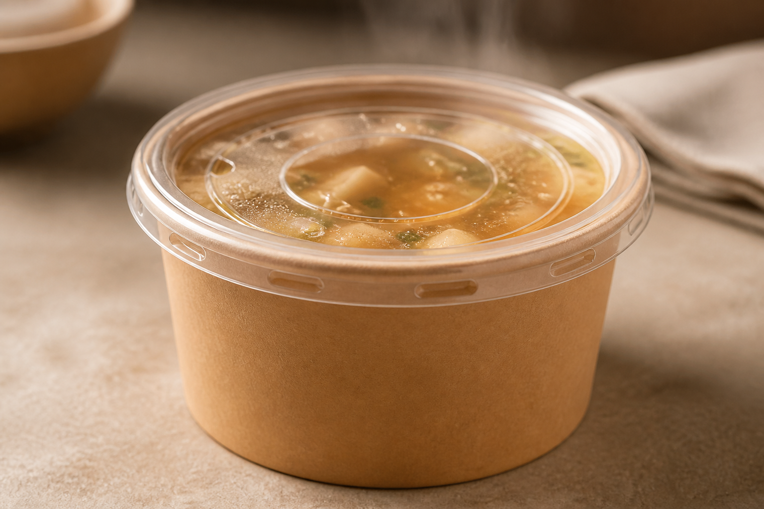 Kraft paper soup bowl sealed with a clear lid showing condensation