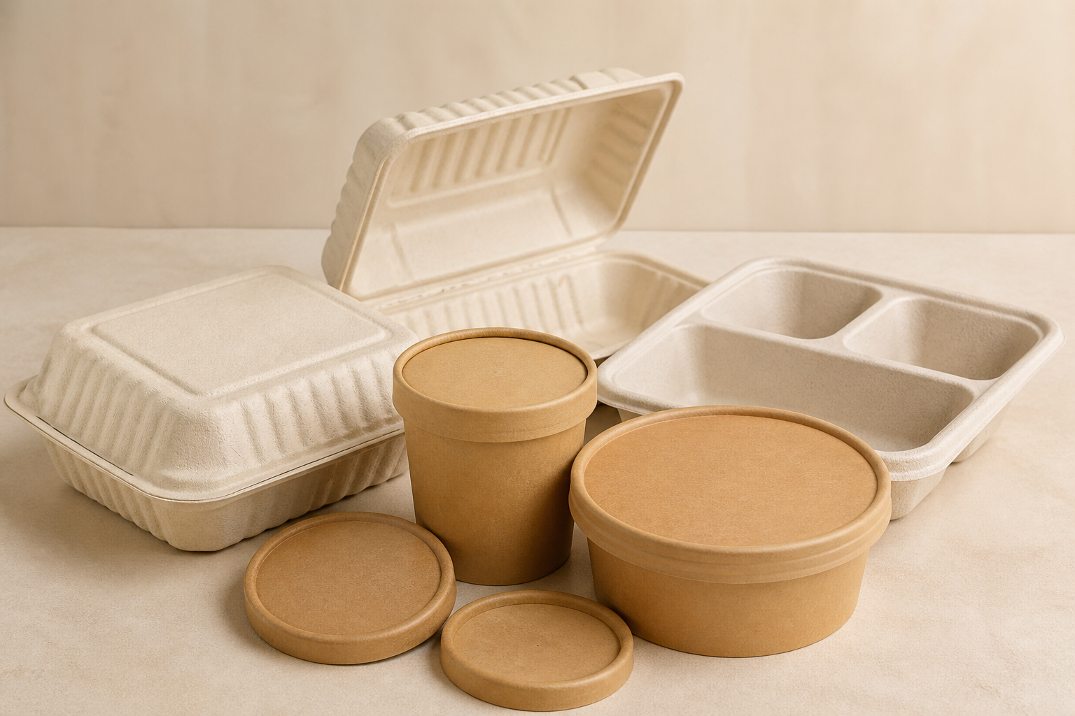 Range of kraft paper bowls and molded-fiber clamshell containers with matching lids
