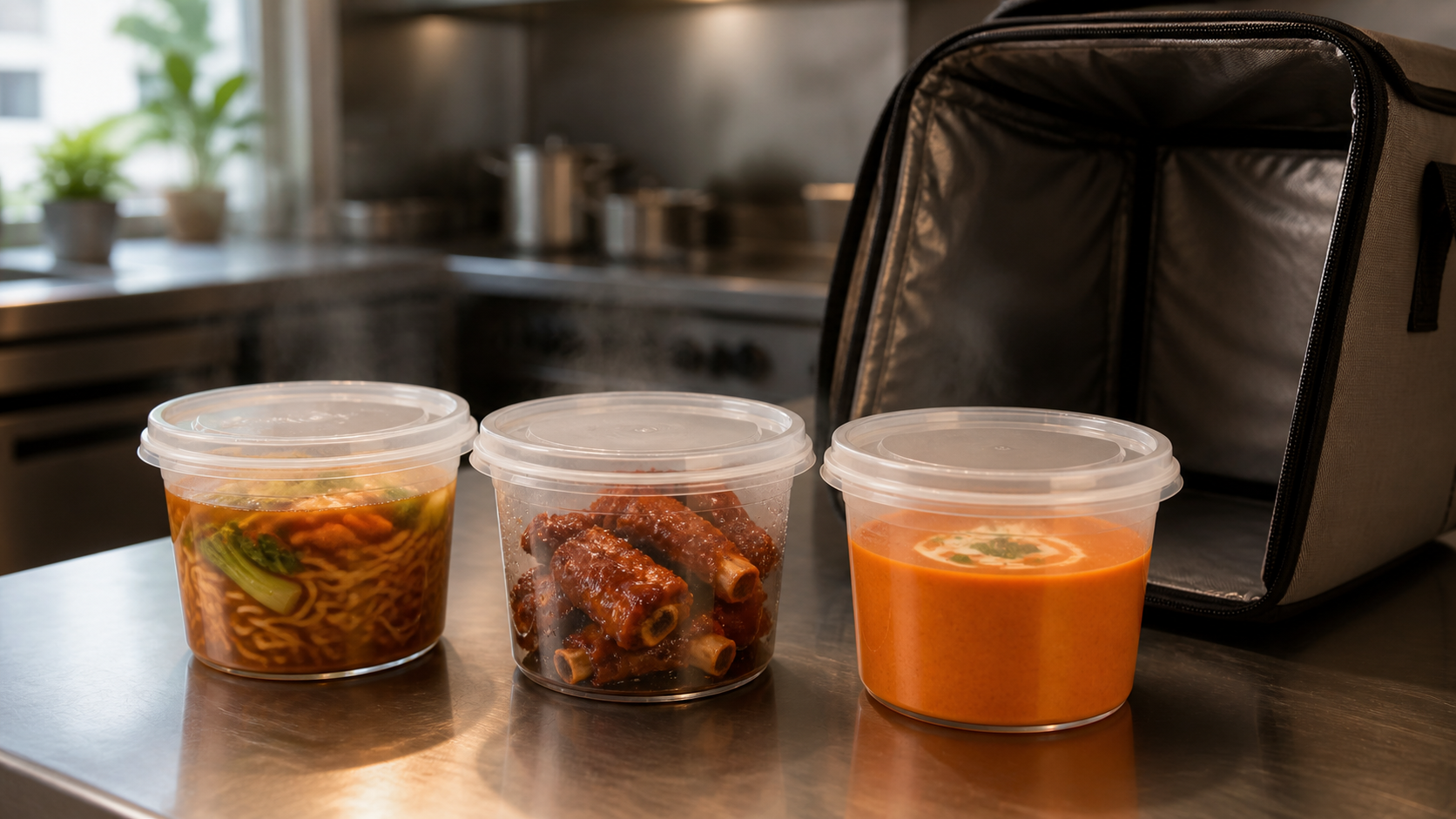 Hot food in a takeout container