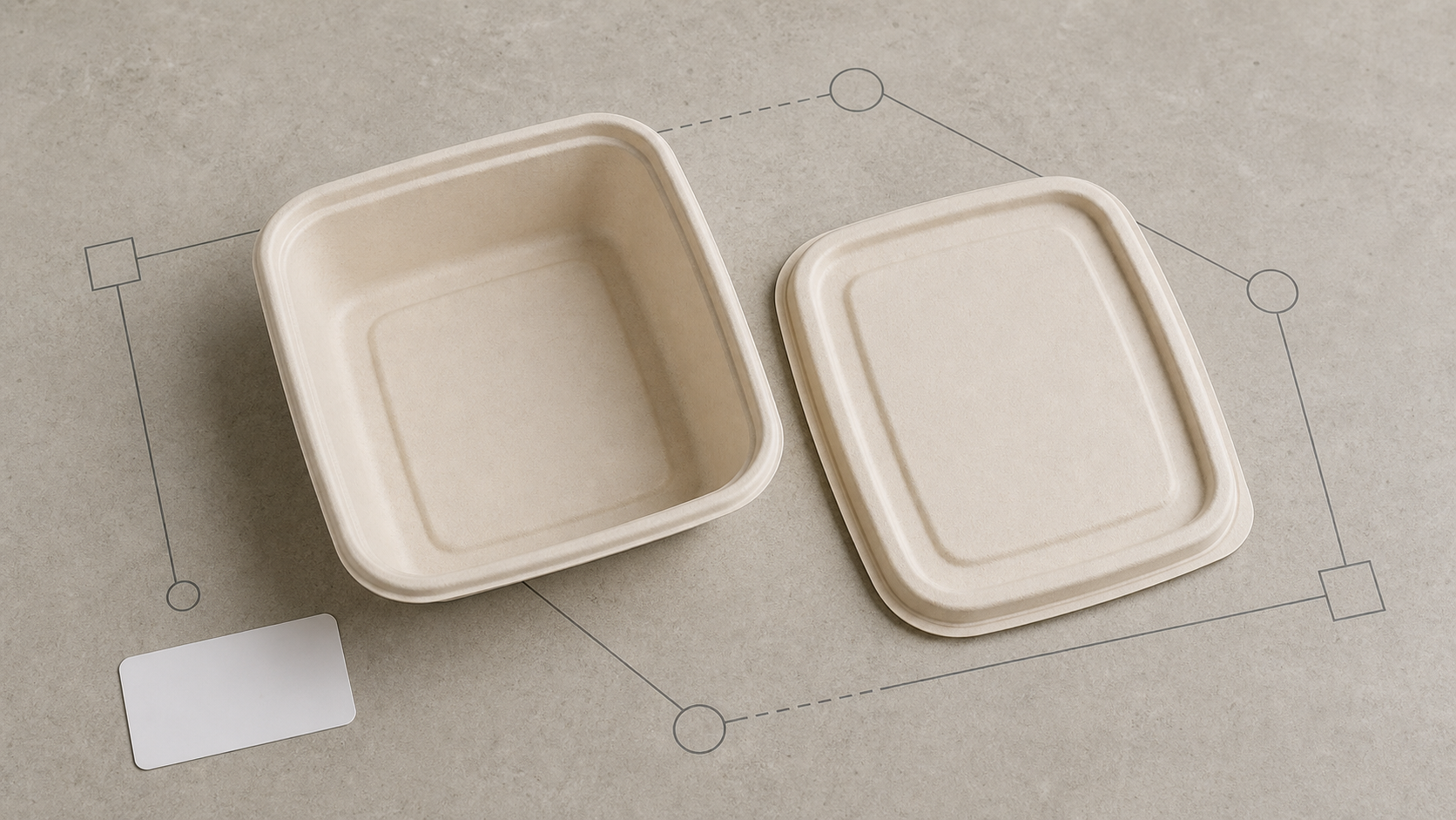 Open square food container beside a separate lid and blank configuration markers