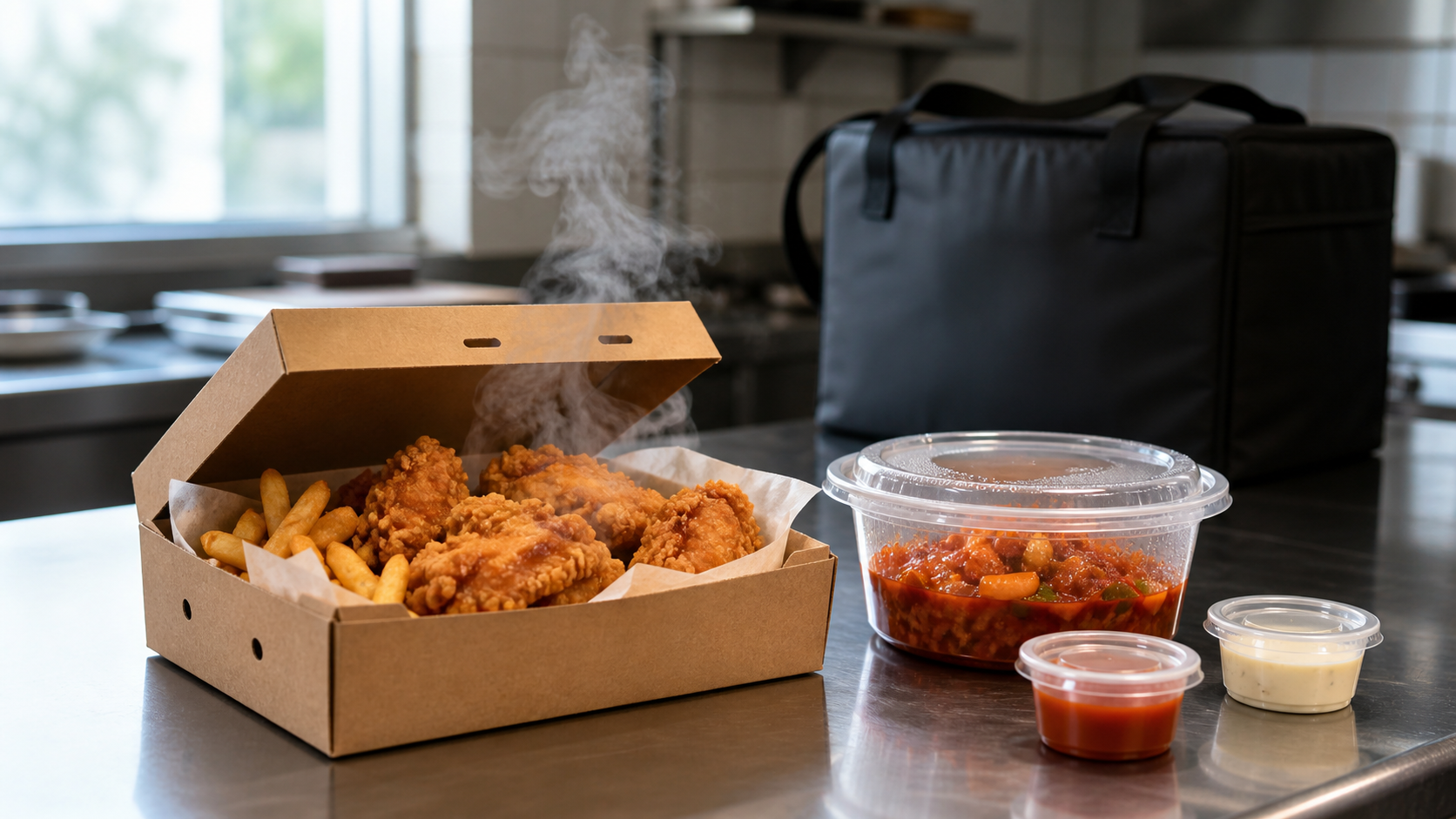 Vented kraft box with fried chicken and fries beside sealed entrée and sauce containers